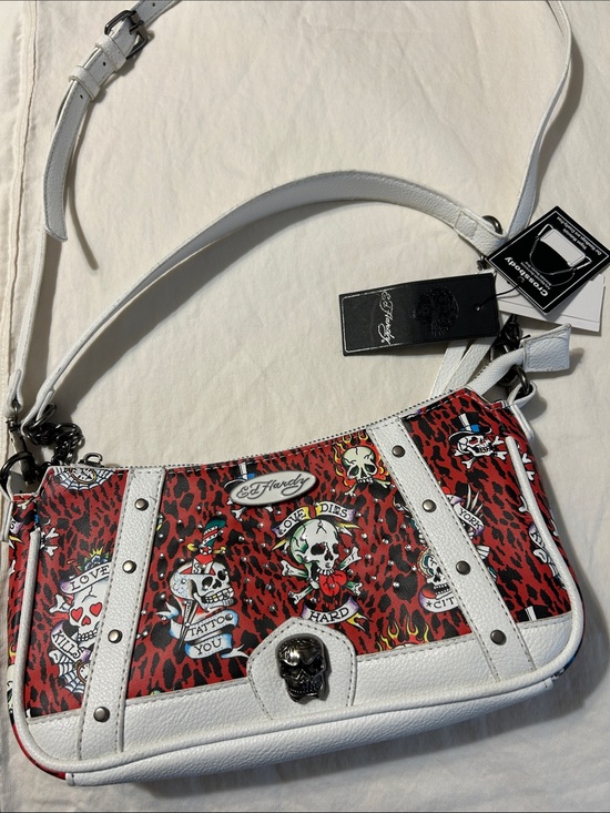 Ed Hardy Handbags - Ed Hardy White and Red Tattoo Skull Shoulder Bag